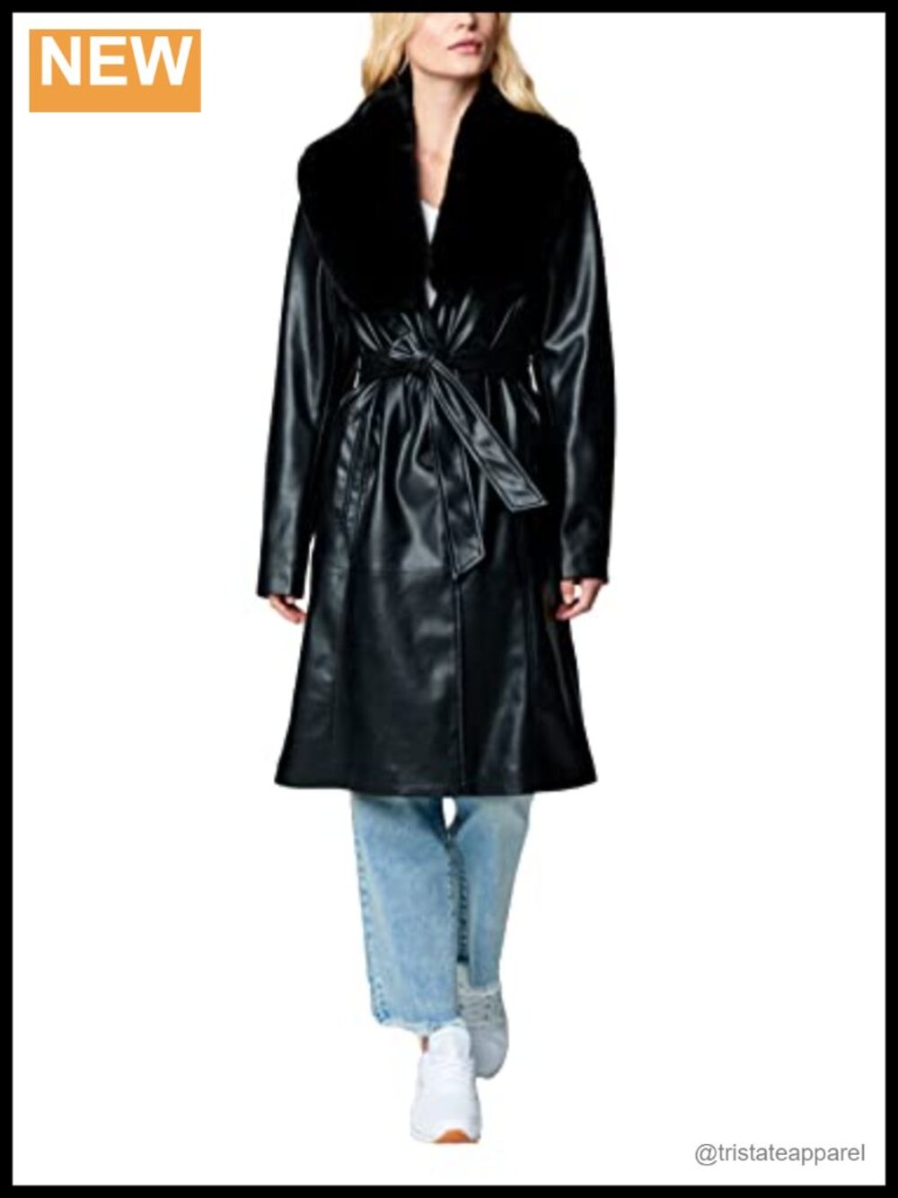 Women's Vegan Leather Trench Coat Faux Fur Shawl Collar